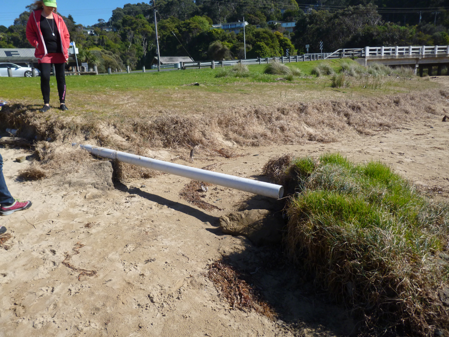 Exposed PVC drain pipe on beach between sand and grass bank
