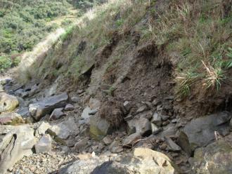 Edge of estuary eroded by high tide and huge seas