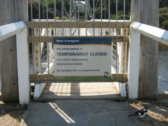 sign on swing bridge: Bridge closed for repairs